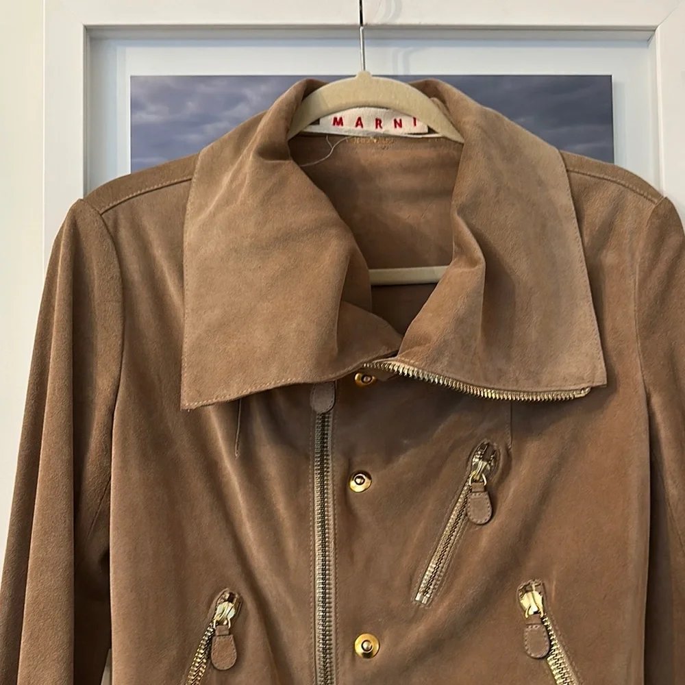 Marni Brown Leather Jacket Asymmetrical Moto Style - Picture 6 of 13